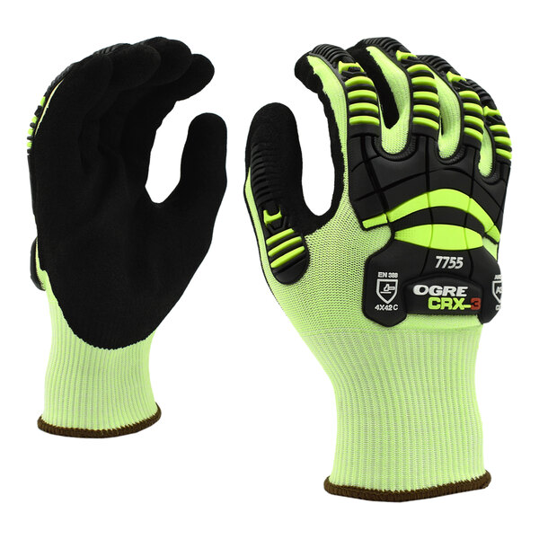 Cordova OGRE CRX-3 15 Gauge Hi-Vis Green CRX Fiber Touchscreen Gloves with Black Sandy Nitrile Palm Coating and TPR Protectors - Extra Large