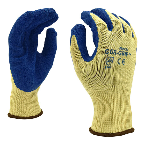 Cordova Cor-Grip Yellow 10 Gauge Spun Polyester Gloves with Blue Crinkle Latex Palm Coating - 12/Pack