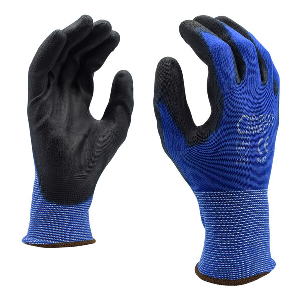 Cordova Cor-Touch Connect Blue 13 Gauge Nylon Gloves with Black Polyurethane Palm Coating - Medium - 12/Pack
