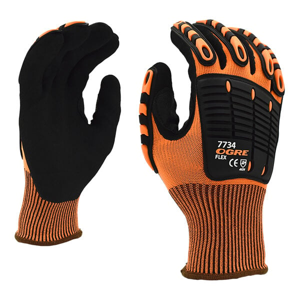 Cordova OGRE-Flex 13 Gauge Hi-Vis Orange Polyester Gloves with Black Sandy Nitrile Palm Coating and TPR Protectors - Medium