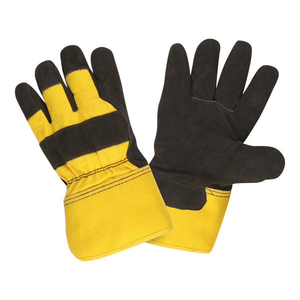 Cordova Yellow Canvas Work Gloves with Black Split Cowhide Leather Palm Coating and Pile Lining - Extra Large - 12/Pack