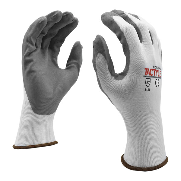 Cordova Tactyle 13 Gauge White Nylon Gloves with Gray Foam Palm Coating - Large - 12/Pack