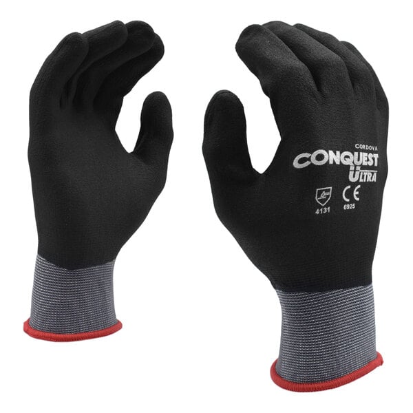 Cordova Conquest Ultra 15 Gauge Gray Nylon / Spandex Gloves with Black Foam Nitrile / Polyurethane Palm Coating - 12/Pack