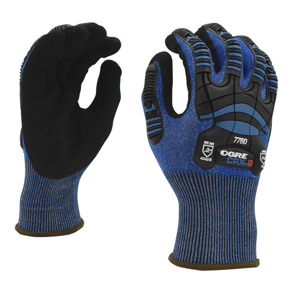 Cordova OGRE CRX-2 18 Gauge Blue CRX Fiber Touchscreen Gloves with Black Sandy Nitrile Palm Coating and TPR Protectors - 2X