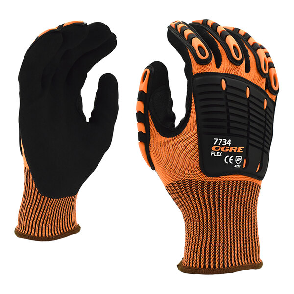 Cordova OGRE-Flex 13 Gauge Hi-Vis Orange Polyester Gloves with Black Sandy Nitrile Palm Coating and TPR Protectors - Extra Large