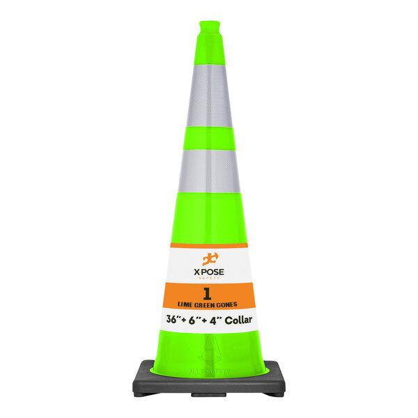 Xpose Safety 36" Lime Green Heavy-Duty PVC Traffic Cone with 10 lb. Base and Double Reflective Collars LTC36-64-1-X