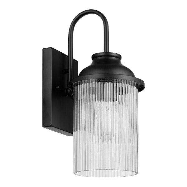 Globe Farmhouse Matte Black Outdoor Wall Sconce with Cylindrical Ribbed Glass Shade - 120V, 60W