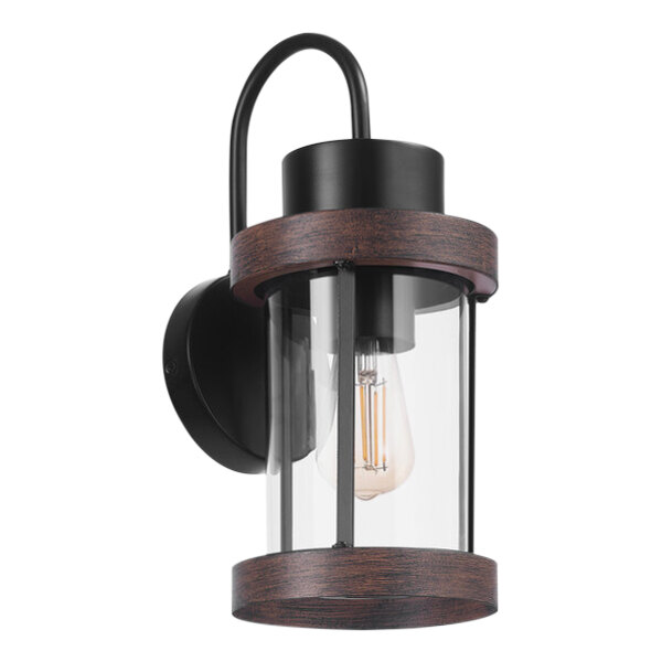 Globe Farmhouse Matte Black Outdoor Wall Sconce with Faux Wood Accent and Cylindrical Glass Shade - 120V, 60W