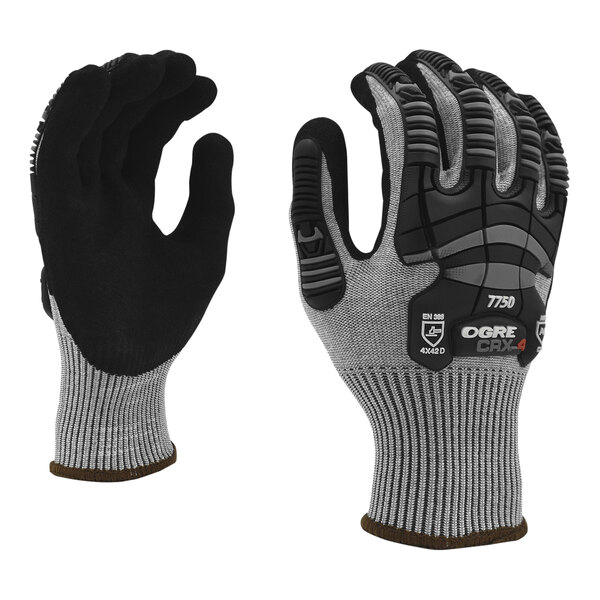 Cordova OGRE CRX-4 13 Gauge Dark Gray CRX Fiber Touchscreen Gloves with Black Sandy Nitrile Palm Coating and TPR Protectors - 2X