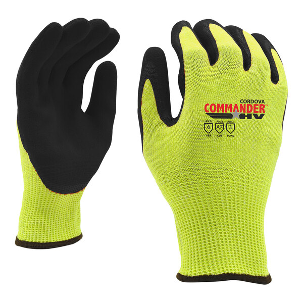 Cordova Commander Hi-Vis Yellow 13 Gauge HPPE / Steel / Glass Fiber Cut-Resistant Gloves with Black Sandy Nitrile Palm Coating - 2X