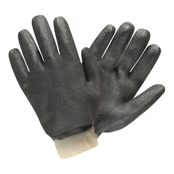 Cordova Black 10" Large Double-Dipped Etched PVC Gloves with Jersey Lining and Knit Wrist - 12/Pack