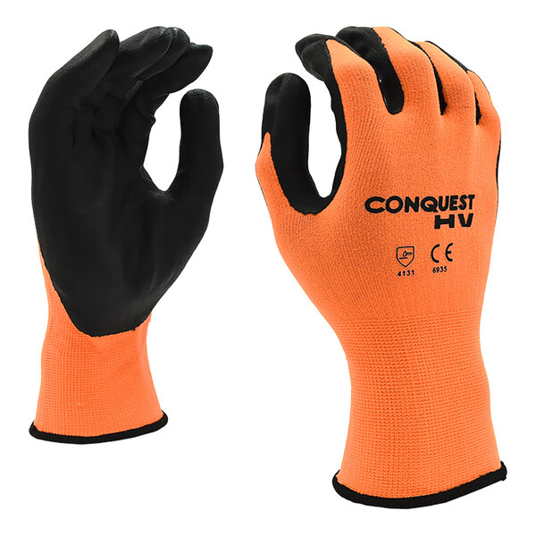 Cordova Conquest 15 Gauge Hi-Vis Orange Nylon / Spandex Gloves with Black Micro-Foam Nitrile / Polyurethane Palm Coating - 12/Pack