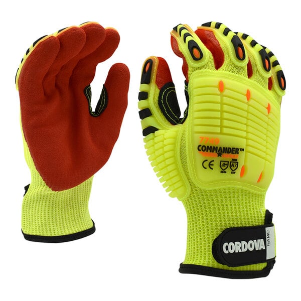 Cordova Commander Impact Hi-Vis Yellow 13 Gauge HPPE / Steel / Glass Fiber Cut-Resistant Gloves with Red Sandy Nitrile Palm Coating