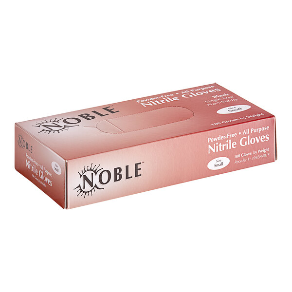 A pink box with black text reading "Noble Products Nitrile 3.5 Mil Thick Black All-Purpose Powder-Free Disposable Gloves"