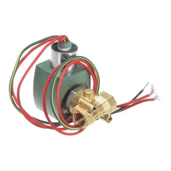 A close-up of a Hatco solenoid valve with gold and green wires.