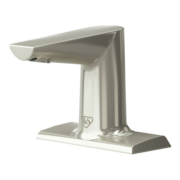 T&S WaveCrest ECW-3153-BN Brushed Nickel Deck Mount Sensor Faucet with 4" Modern Edge Spout, 4" Centers, and 0.5 GPM Vandal-Resistant Non-Aerated Spray Device
