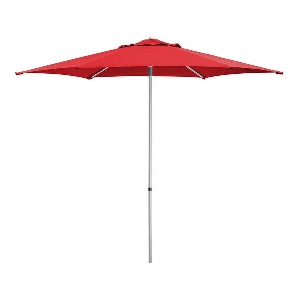Lancaster Table & Seating 9' Round Red Push Lift Woodgrain Aluminum Umbrella