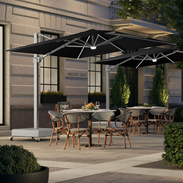 Lancaster Table & Seating 10' Square Black Crank Lift Silver Aluminum Cantilever Umbrella with Lights