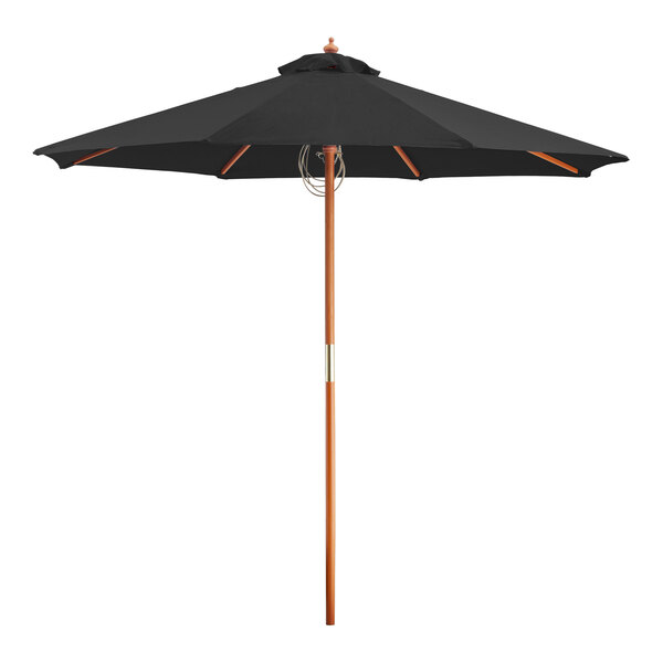 Lancaster Table & Seating 7 1/2' Round Black Pulley Lift Bamboo Umbrella
