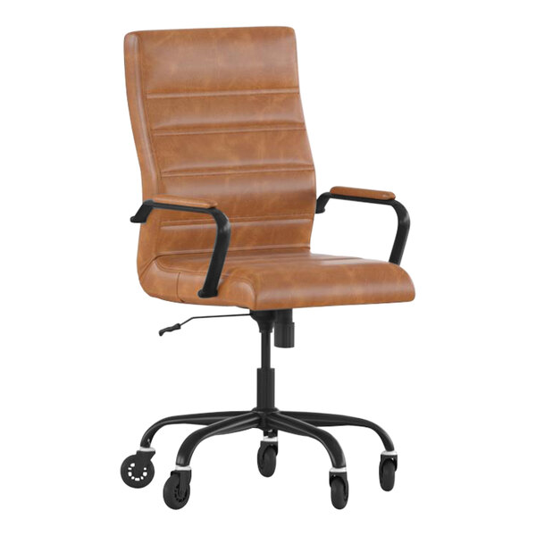 Flash Furniture Whitney Brown LeatherSoft High-Back Swivel Office Chair with Black Frame, Arms, and Roller Wheels