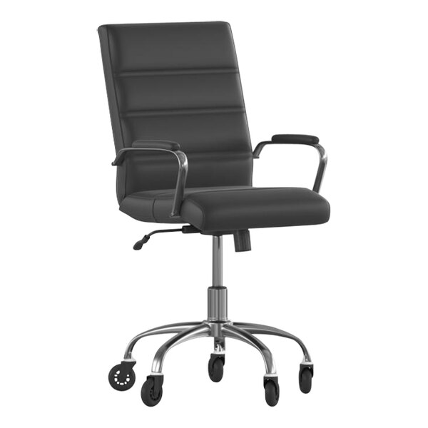 Flash Furniture Camilia Black LeatherSoft Mid-Back Swivel Office Chair with Chrome Frame, Arms, and Roller Wheels