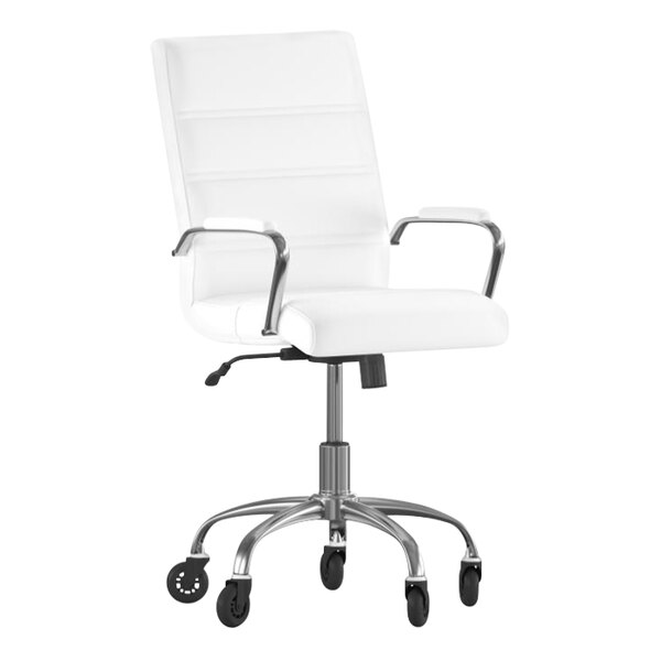 Flash Furniture Camilia White LeatherSoft Mid-Back Swivel Office Chair with Chrome Frame, Arms, and Roller Wheels