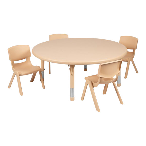 Flash Furniture Emmy 14 1/2"-23 3/4" Adjustable Height 45" Round Natural Plastic Classroom Activity Table with (4) 10 1/2" Chairs