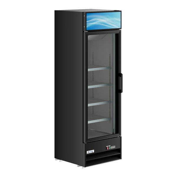 A black glass door merchandiser refrigerator with adjustable shelves and LED lighting.