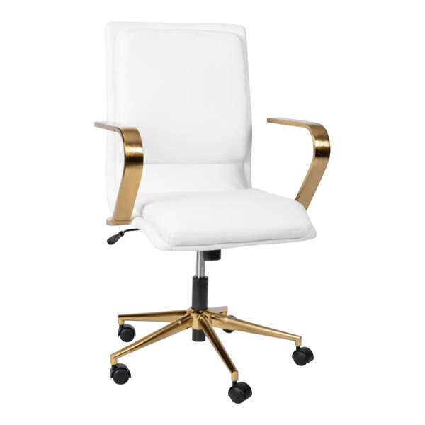 Flash Furniture James White LeatherSoft Mid-Back Swivel Office Chair with Brushed Gold Base and Arms