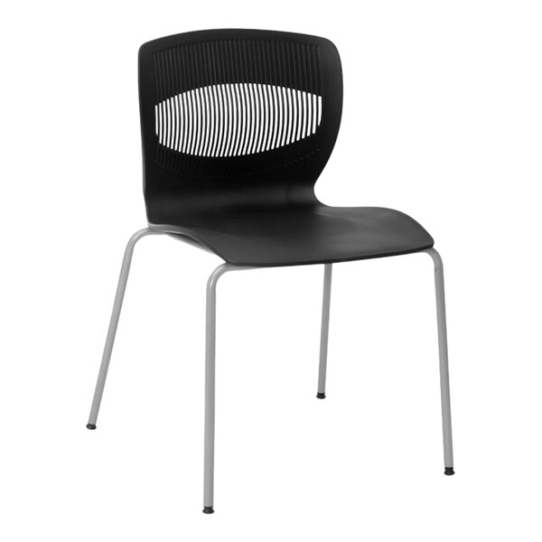 Flash Furniture Hercules Black Mid-Back Ergonomic Stacking Chair with Silver Steel Frame and Lumbar Support