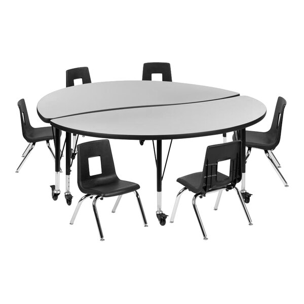 Flash Furniture Emmy 17"-25" Adjustable Height Circle Wave Gray / Black Laminate Mobile Nesting Activity Tables with (6) 12" Chairs
