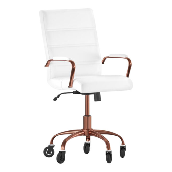 Flash Furniture Camilia White LeatherSoft Mid-Back Swivel Office Chair with Rose Gold Frame, Arms, and Roller Wheels