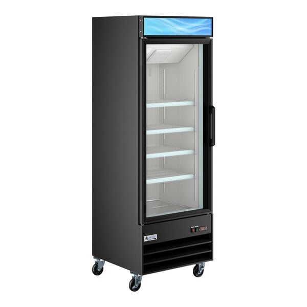 A black glass door merchandiser refrigerator with LED lighting and adjustable shelves.