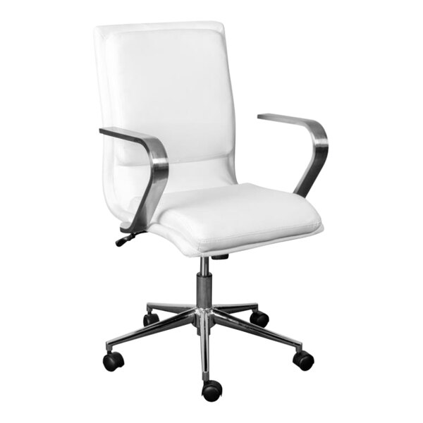 Flash Furniture James White LeatherSoft Mid-Back Swivel Office Chair with Brushed Chrome Base and Arms