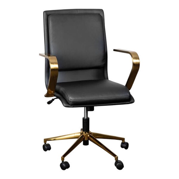 Flash Furniture James Black LeatherSoft Mid-Back Swivel Office Chair with Brushed Gold Base and Arms