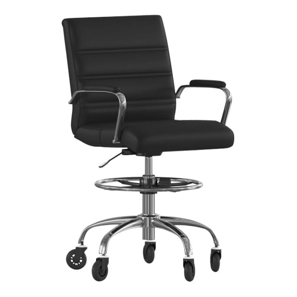 Flash Furniture Lexi Black LeatherSoft Mid-Back Swivel Drafting Chair with Chrome Base, Adjustable Foot Ring, and Roller Wheels