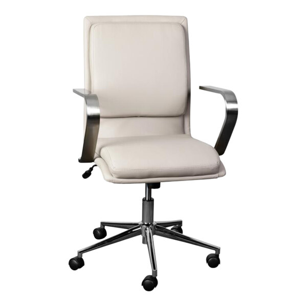 Flash Furniture James Taupe LeatherSoft Mid-Back Swivel Office Chair with Brushed Chrome Base and Arms