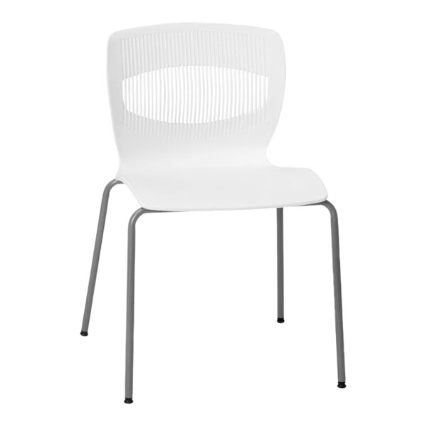 Flash Furniture Hercules White Mid-Back Ergonomic Stacking Chair with Silver Steel Frame and Lumbar Support