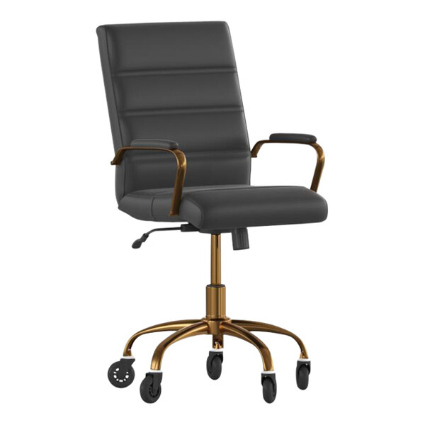 Flash Furniture Camilia Black LeatherSoft Mid-Back Swivel Office Chair with Gold Frame, Arms, and Roller Wheels