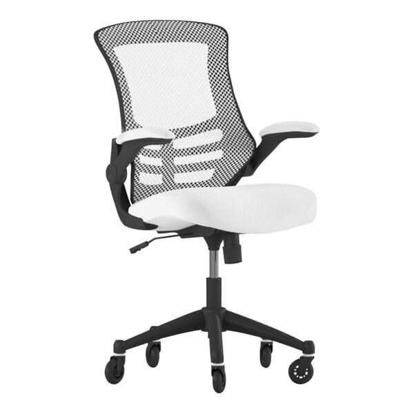 Flash Furniture Kelista White Mesh Mid-Back Swivel Ergonomic Office Chair / Task Chair with Black Frame, Flip-Up Arms, and Roller Wheels