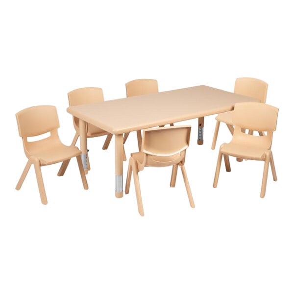 Flash Furniture Emmy 14 1/2"-23 3/4" Adjustable Height Rectangular Natural Plastic Classroom Activity Table with (6) 10 1/2" Chairs