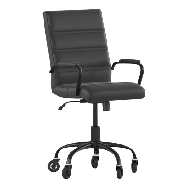 Flash Furniture Camilia Black LeatherSoft Mid-Back Swivel Office Chair with Black Frame, Arms, and Roller Wheels