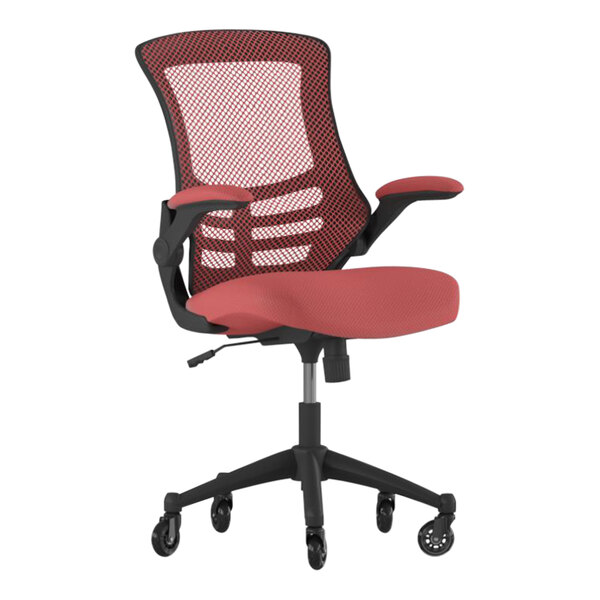 Flash Furniture Kelista Red Mesh Mid-Back Swivel Ergonomic Office Chair / Task Chair with Black Frame, Flip-Up Arms, and Roller Wheels