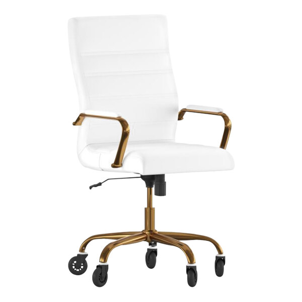 Flash Furniture Whitney White LeatherSoft High-Back Swivel Office Chair with Gold Frame, Arms, and Roller Wheels