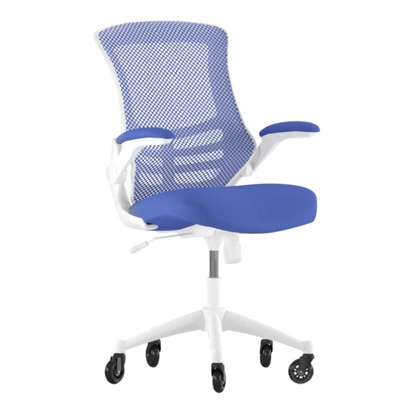 Flash Furniture Kelista Blue Mesh Mid-Back Swivel Ergonomic Office Chair / Task Chair with White Frame, Flip-Up Arms, and Roller Wheels