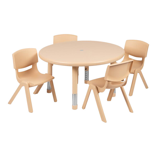 Flash Furniture Emmy 14 1/2"-23 3/4" Adjustable Height 33" Round Natural Plastic Preschool Activity Table with (4) 10 1/2" Chairs