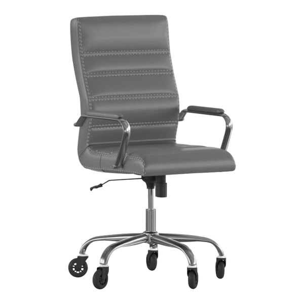 Flash Furniture Whitney Gray LeatherSoft High-Back Swivel Office Chair with Chrome Frame, Arms, and Roller Wheels