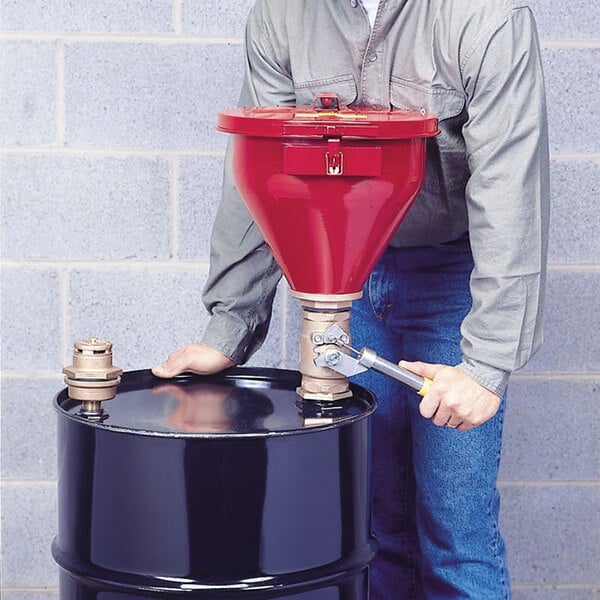 Justrite 10 3/4" Red Galvanized Steel Drum Funnel with 6" Flame Arrestor and Tip-Over Protection 08203