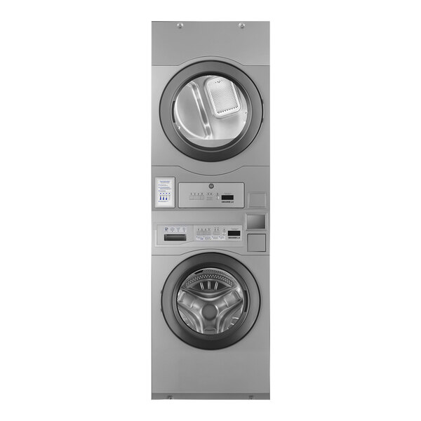 Crossover 3.5 cu. ft. 27" Front Load Electric Commercial Washer and 7.7 cu. ft. 27" Front Load Gas Powered Commercial Dryer with Stacking Panel - Free Use