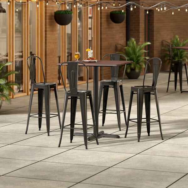 Lancaster Table & Seating Excalibur 36" x 36" Square Textured Walnut Bar Height Table with 4 Alloy Series Black Outdoor Cafe Barstools